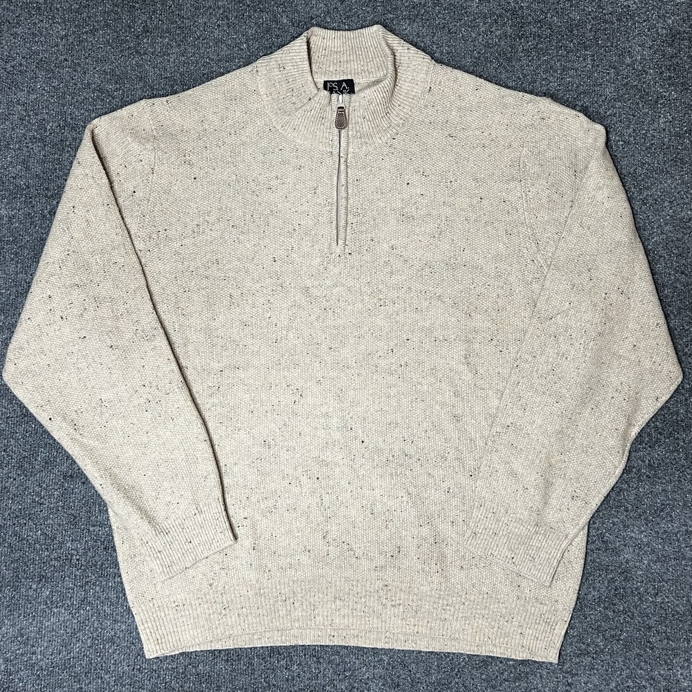 Jos. A. Bank 1/4 Zip Pullover Sweater Mens XXL Beige Lambs Wool Knit Mock Neck
